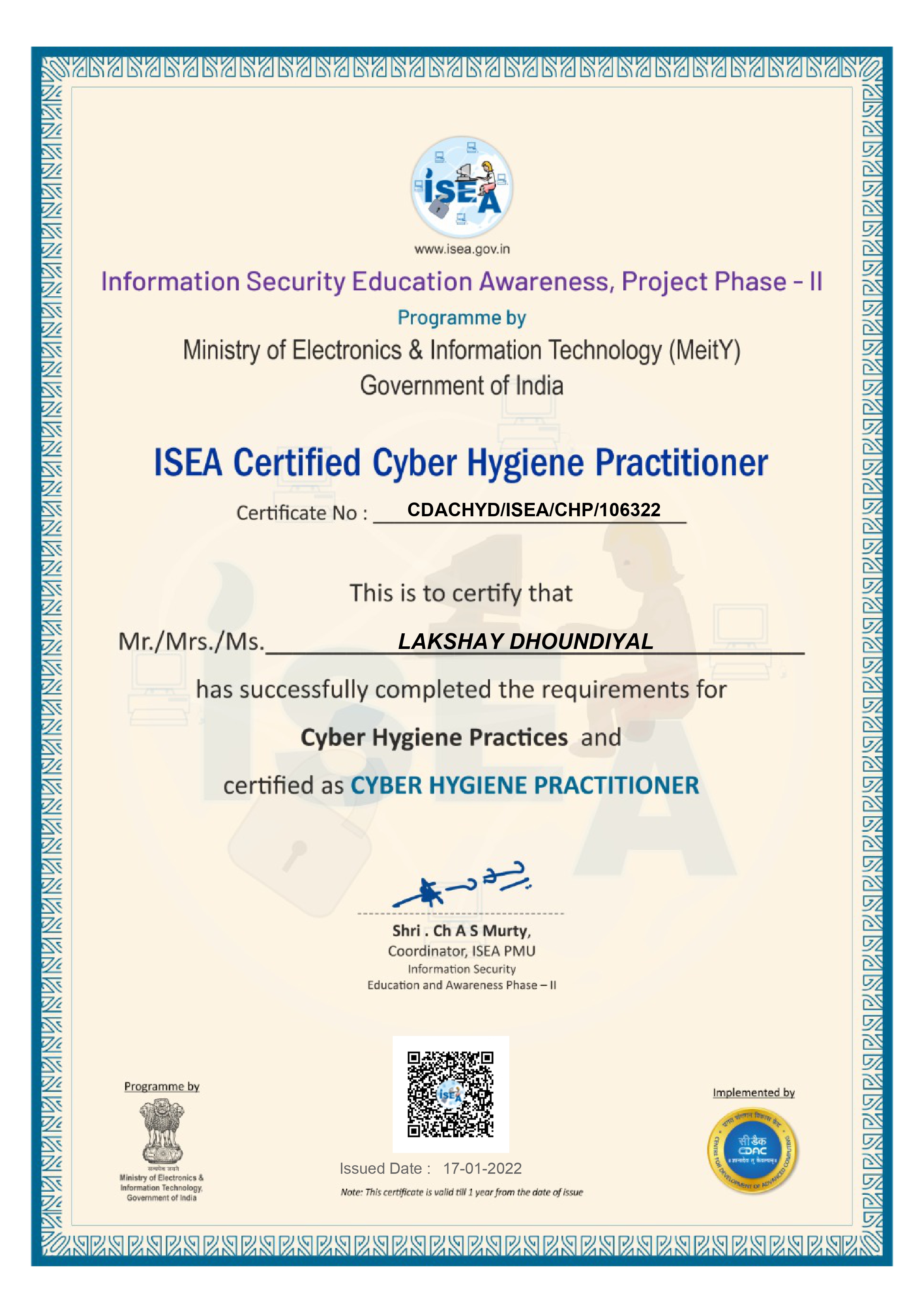 ISEA Certified Cyber Hygiene Practioner certificate preview